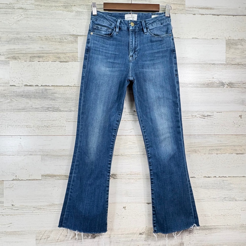 Frame Le Crop Mini Boot Jeans Womens 26 Blue Edgewater Raw Hem Stretch Denim